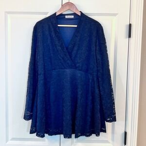 Becanbe XXL Navy Blue Lace‎ Long Sleeve V-Neck Peplum Top Blouse